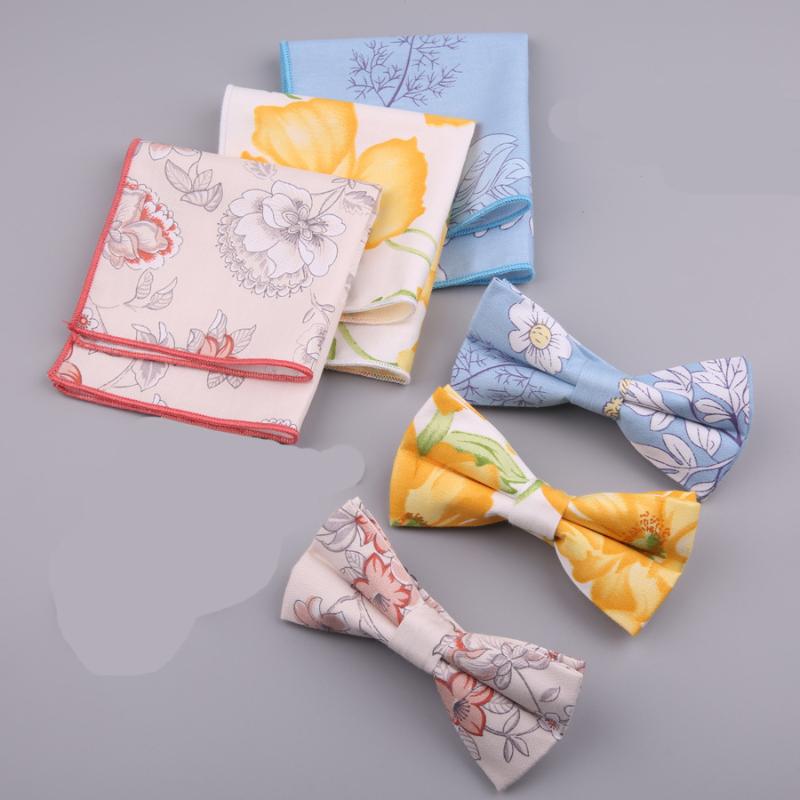 

2020 Fashion Men's Bowtie Handkerchief Set for Men Cotton Bow Tie Pocket Square Set Wedding Floral Bowties Custom Logo