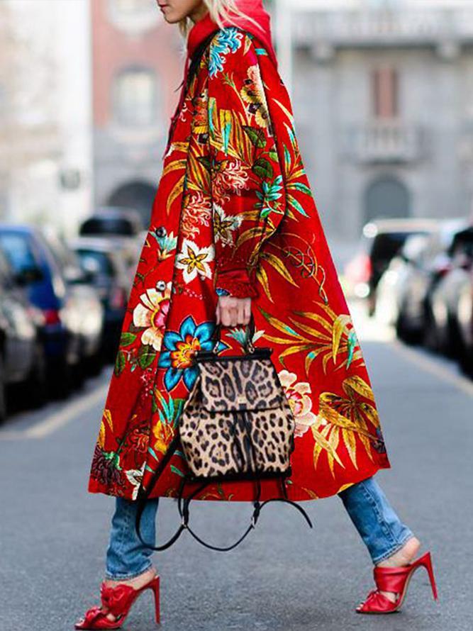 

Female ethnic coat printed long trench 2020 Autumn casual vintage lapel fashion jacket 2FZO, Red