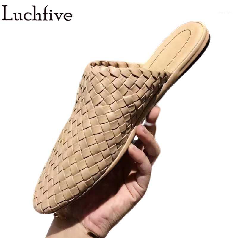 

Weave Mule Women Slippers Round Toe Leather Ladies Shoes Slip On Outwear Apricot Flat Shoes For Women1, Black