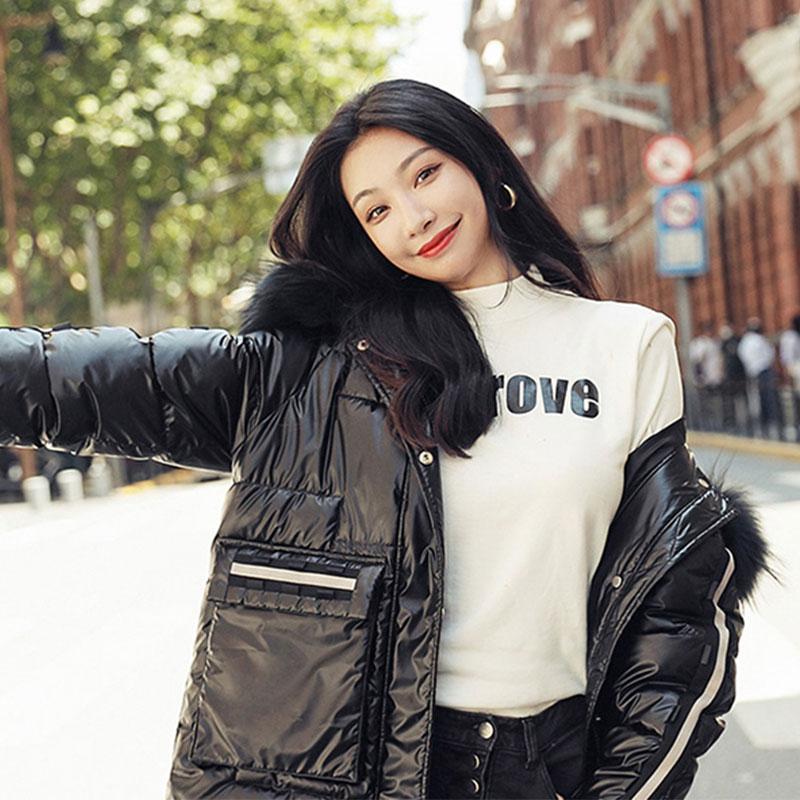 

Fashion Glossy Down Padded Jacket Winter New Hooded Fur Collar Mid Length Cotton Coat Thick Loose Warm Overcoat Female Parka B36, White