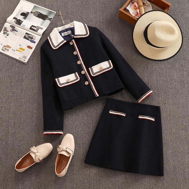 

High Quality 2020 Winter Vintage Two Piece Set Women Single Breasted Pockets Tweed Jacket Coat + Mini Skirt Set Ensemble Femme, White