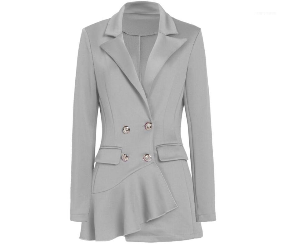 

European Fashion Work Business Womens Formal Blazer Suits Ruffle Double Breasted Office Ladies Femme Jackets Casual Lady Coat1, Black