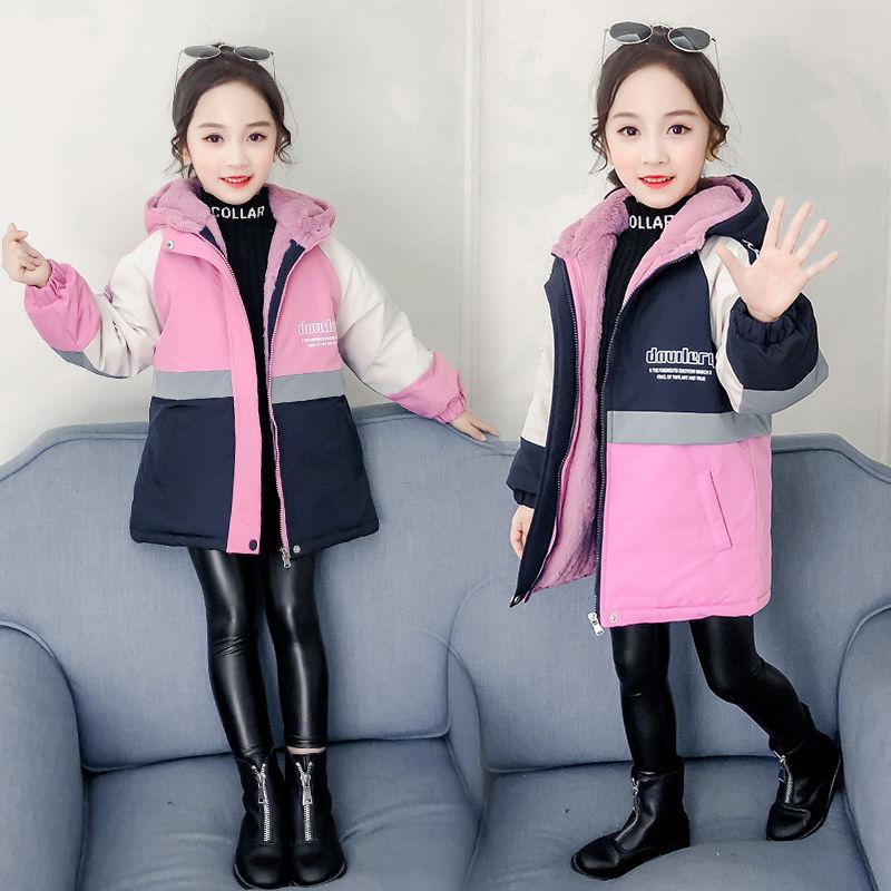 

4-14T Girls Parkas Winter Coat Plus Velvet Warm Jakcet 2020 New Fashion Patchwork Letters Printed Hooded Girl Padded Jackets, Pink