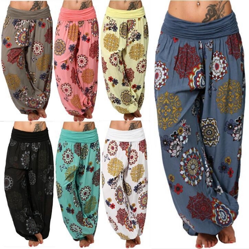 

Laamei S-5XL Plus Size Women Casual Bohemia Print Wide Leg Loose High Waist Trousers Harem Pants Casual Baggy 7 Colors Freeship 201113, Khaki