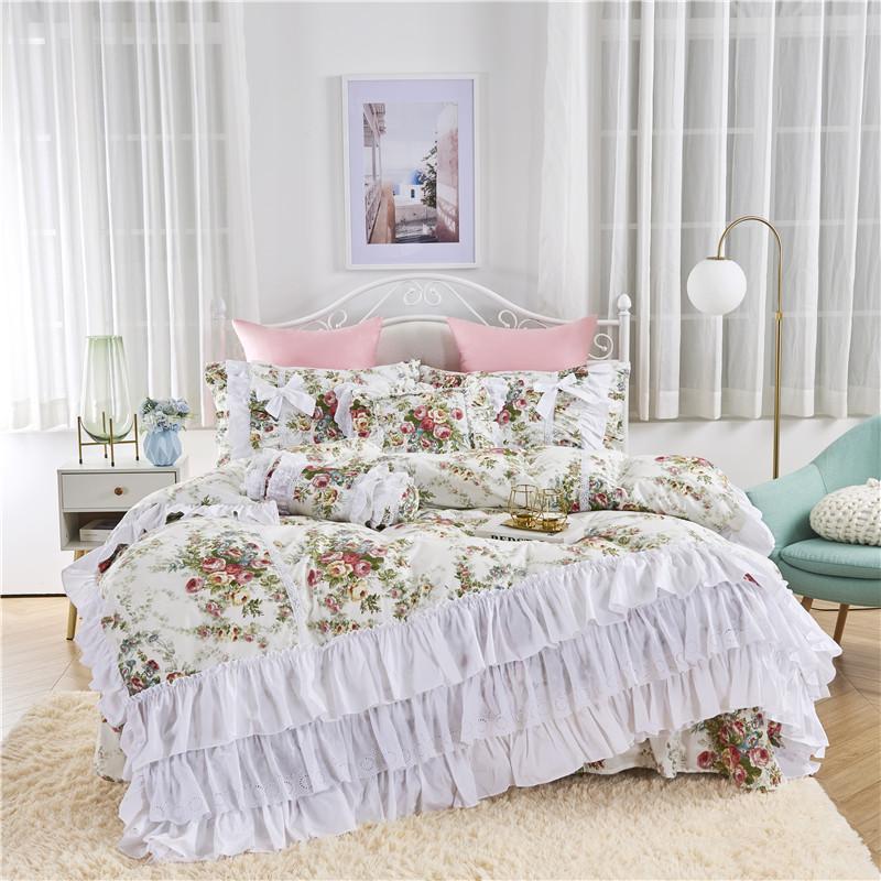 

Princess lace Korean ruffles pastoral floral skirt bedding set pure cotton ropa de cama cake layers pillow sham duvet cover set, As pic