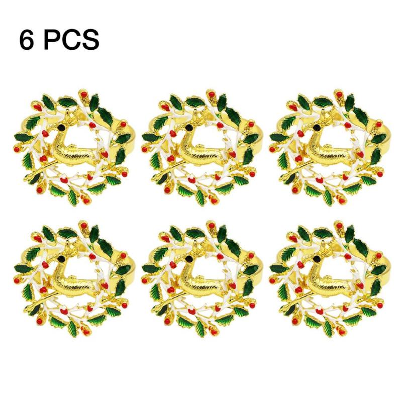 

6PCS Christmas Wreath Deer Alloy Napkin Buckle Gold DIY Table Decorations