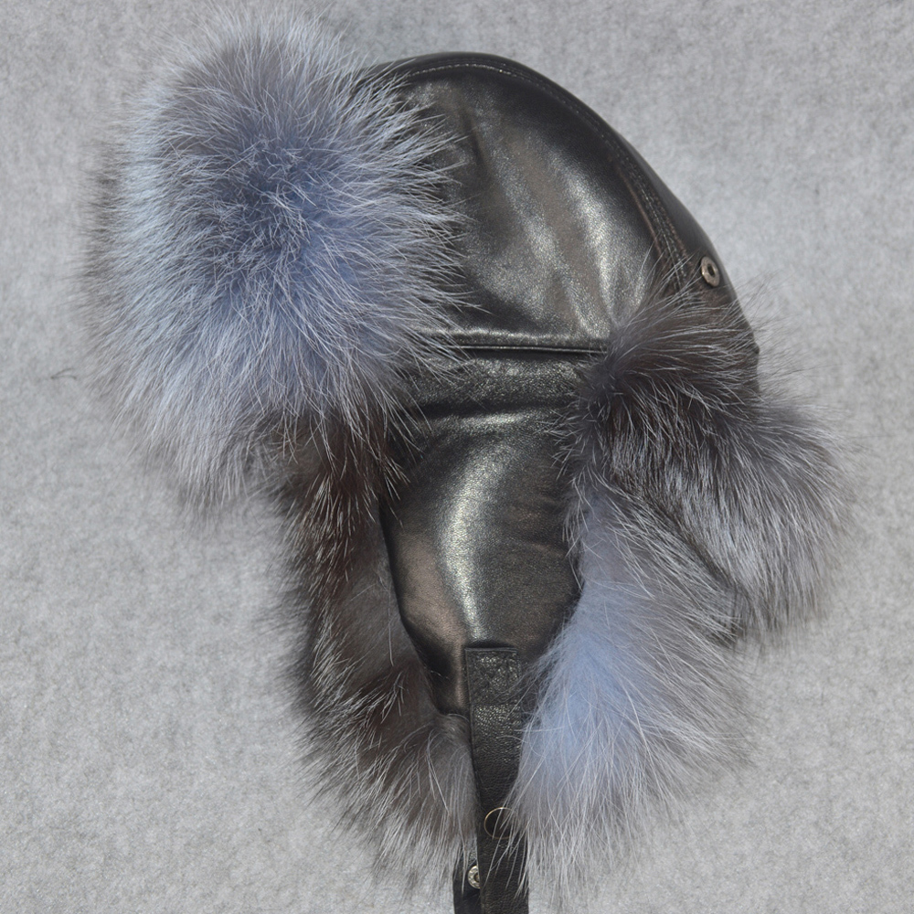 

Russian Unisex Winter Trademark Fox Hat Hot, Quality Raccoon Fur Captain Bombers Real Leather Hats from the skin of Luxury, Black