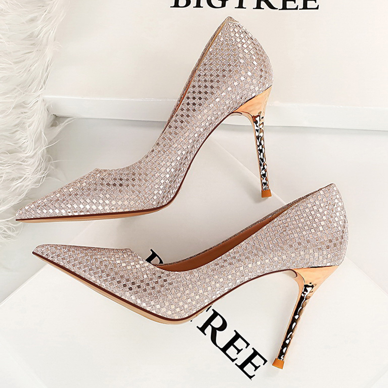 

2021 9.5cm Women High Lady Nuptial Marriage Stiletto Fetish Glitter Gold Shoes Scarpins Heels Jqch, Silver