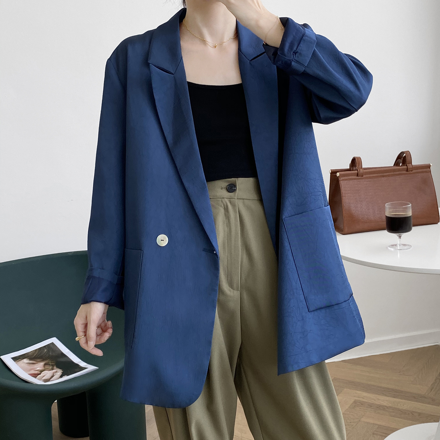 

2021 New Autumn Jacket Turn Down Collar Vintage Blazer Ladies Coat with Female Pocket Tops for Women's Clothes Dtq0, Beige