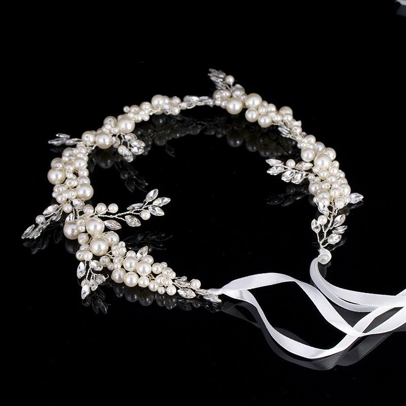 

2021 Luxury Fashion Wedding Headband Pearl Crystal Flower Bride Headdress Wedding JeweleryRomantic Elegant Ribbon Hair Ornament