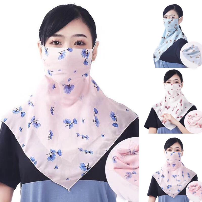 

Women Sunscreen Mask Neck Scarf Mask Chiffon Printing Thin Scarf, Pink