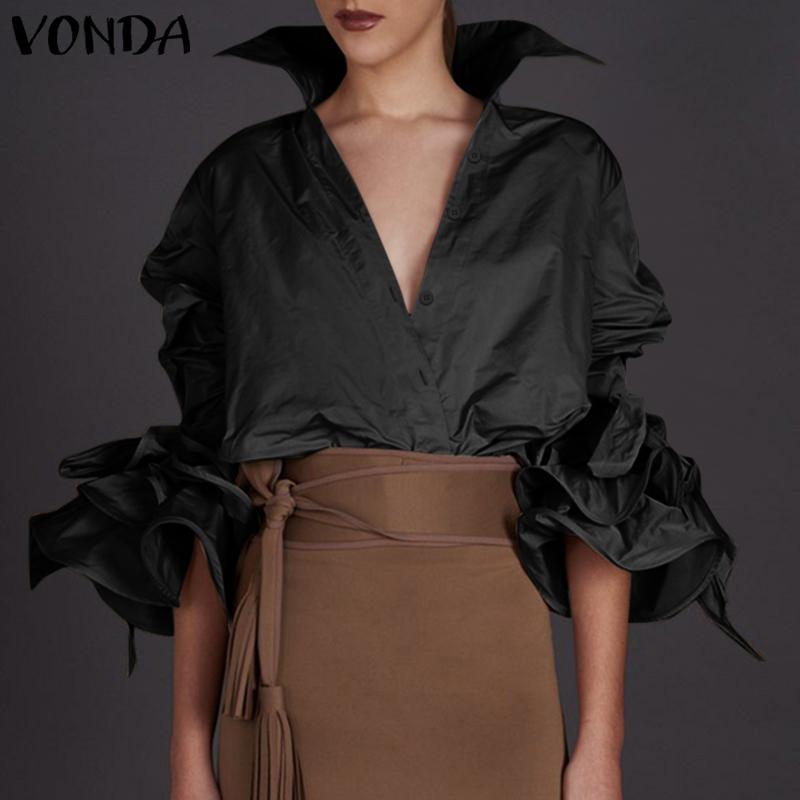 

VONDA Lapel Shirts Women' Solid Casual Tops and Blouses 2020 Autumn Long Flare Sleeve Elegant Office Top Fashion Blusas -5XL, Black