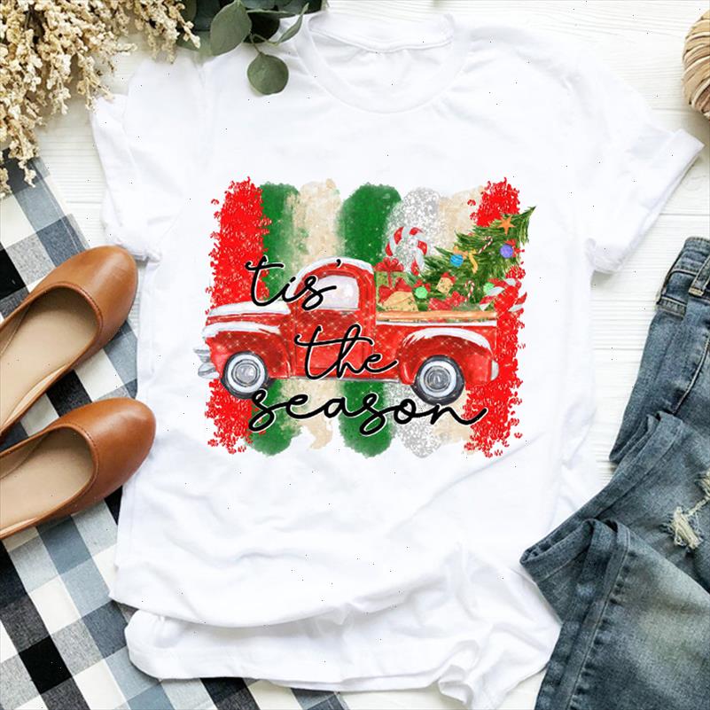 

women cartoon truck tree gift holiday happy time 90s merry christmas clothes ladies graphic print tee tshirt female t shirt, White
