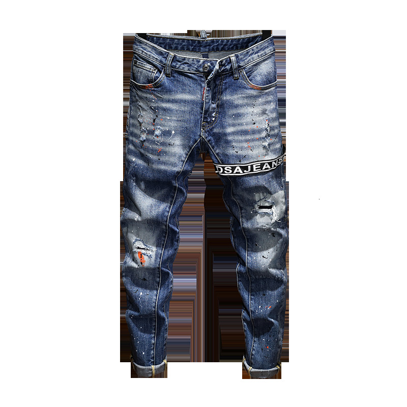 

2021 New Denim for Ripped Man Paint Thin Pants Hip Ribbons Blue Spring VAIV