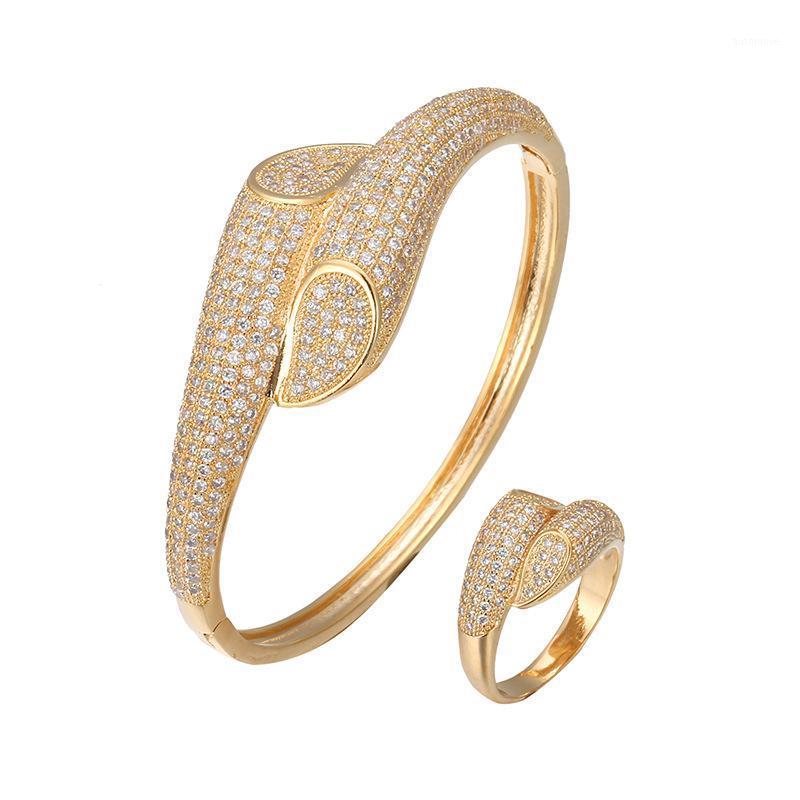 

Trendy Clamper CZ Bracelet Ring Set RB61230 Jewelry Woment Elegant Bangle Gold Silver Plated1, Black