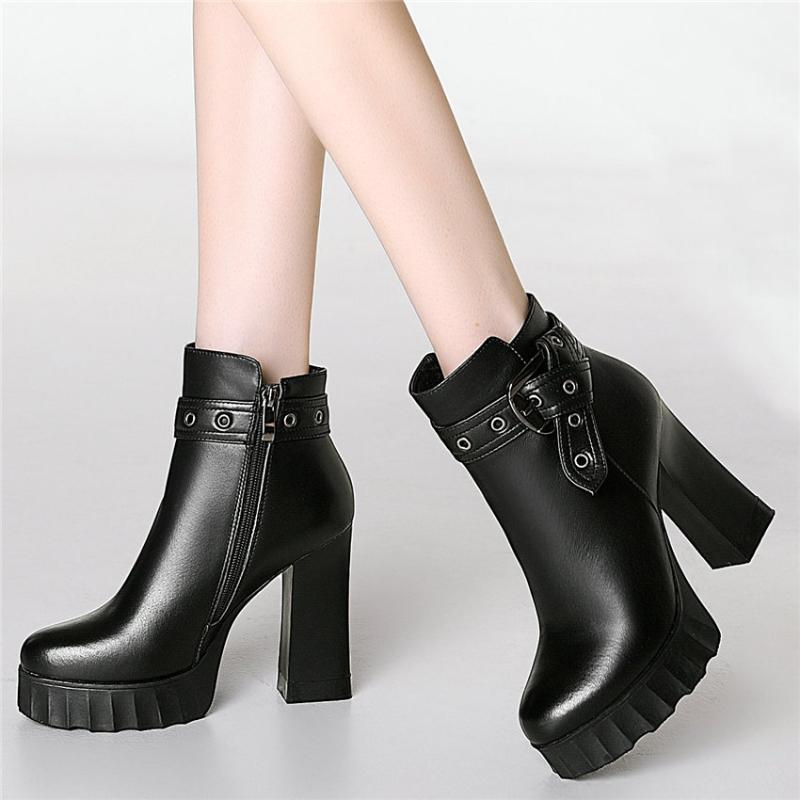 

Women Genuine Leather Rough Super High Heels Riding Boots Round Toe Winter Warm Platform Party Pumps Rivets Studs Casual Shoes1, Black