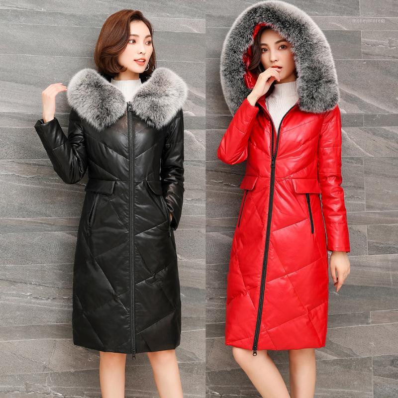 

Genuine Sheepskin Leather Down Jacket for Women Winter Fur Collar Hooded Long Coats Large Size Chaqueta Mujer KJ5871, Black