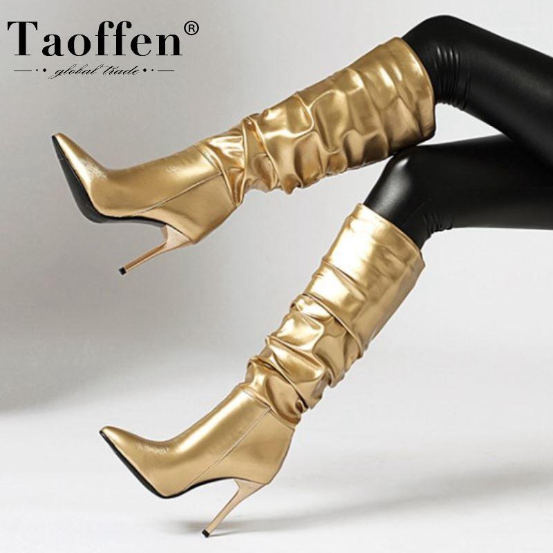 

TAOFFEN Size 34-43 Women Knee Boots Pointed Toe Thin High Heel Slip On Shoes Fashion Design Winter Boots Women Footwear1, Silver
