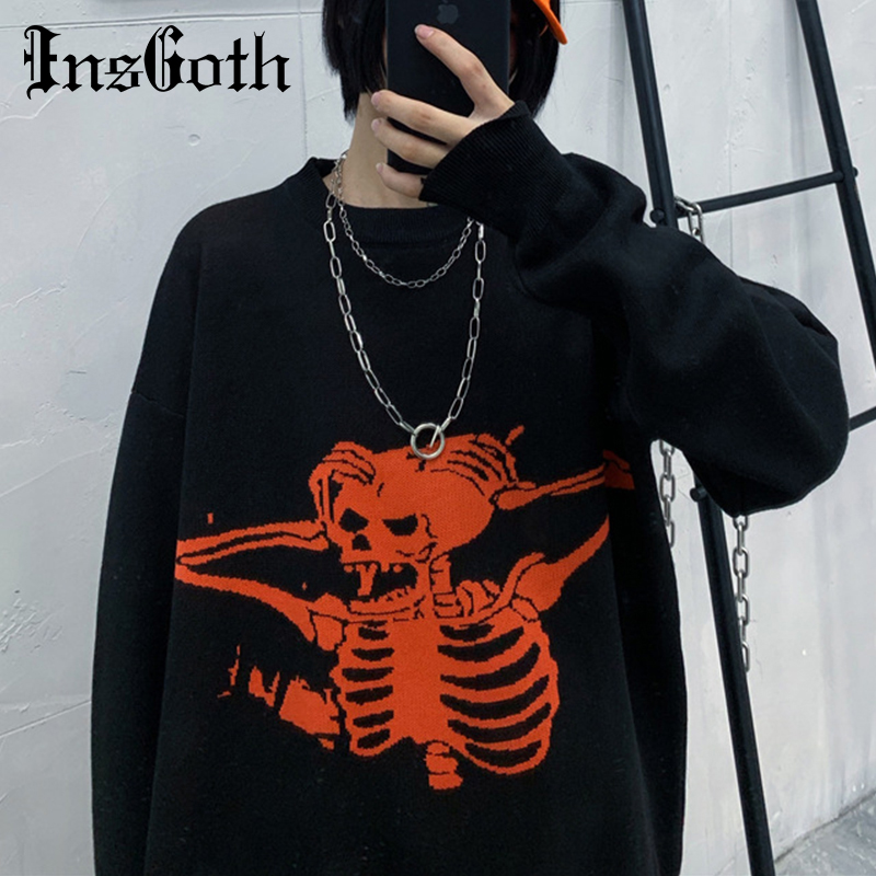 

InsGoth Harajuku Loose Sweaters Women Gothic Punk Skull Pattern Oversized Sweater Long Sleeve Female Streetwear Knit Sweaters, Black