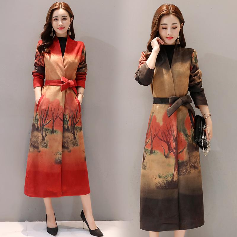 

Ms. fall and winter clothes new Chinese wind printing Slim long cardigan coat deer velvet leather V-neck Windbreaker JQ119, Khaki