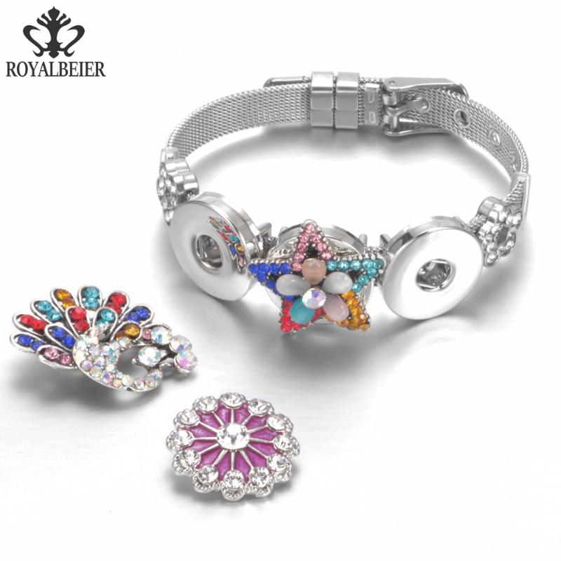 

RoyalBeier 10pcs/lot Multi Styles Charms Stainless Steel Snap Bracelet For 18mm Snap Button Bracelet Jewelry SZ0452