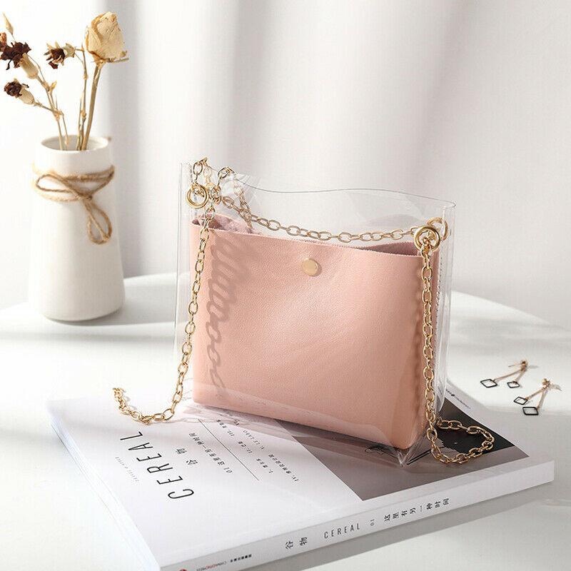 

Women PU Leather Storage Bag New Soild Color Clear Transparent Chain Tote Ladies' Fashionable Handy Messenger Packs Hot Selling