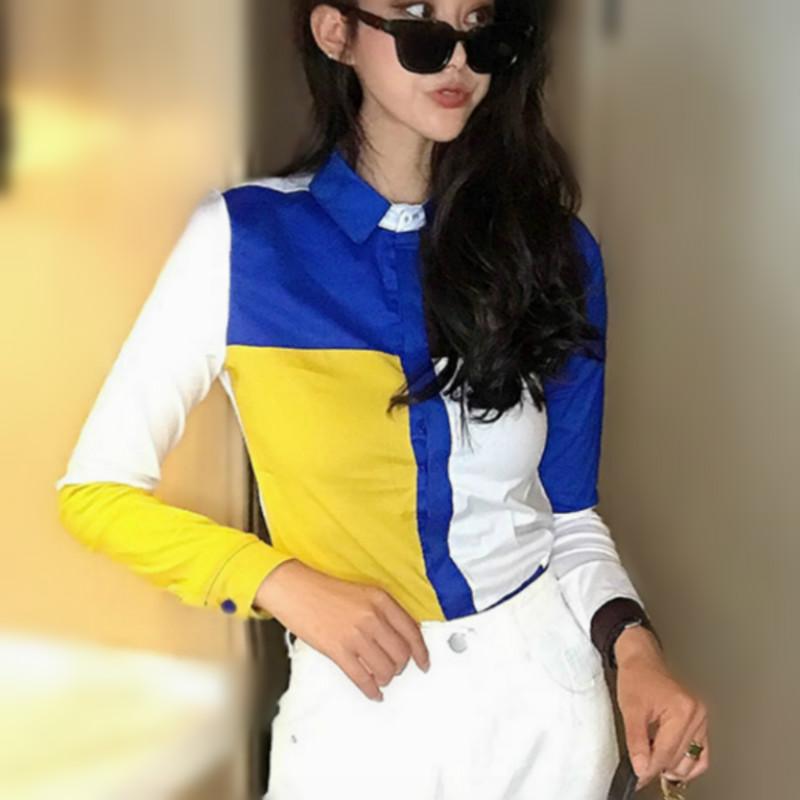 

patchwork color women shirts office lady stretchy cotton shirts woman plaid shirt tops, Blue
