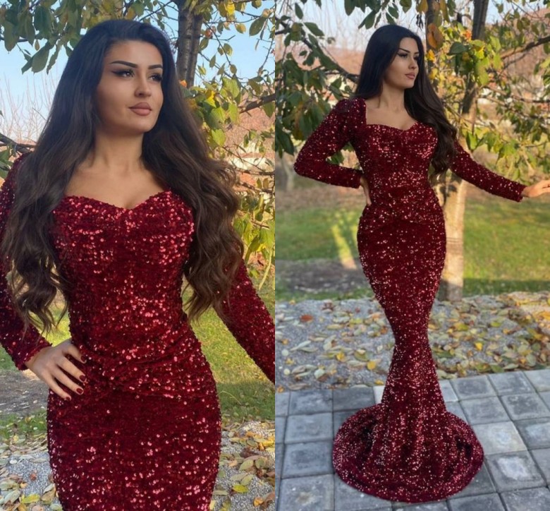 

Celebrity Sukienki Squined Burgundy Evening Dresses Long Sleeves Sweetheart Prom Dress Vestido De Fiesta De Boda Party Gowns, Same as picture
