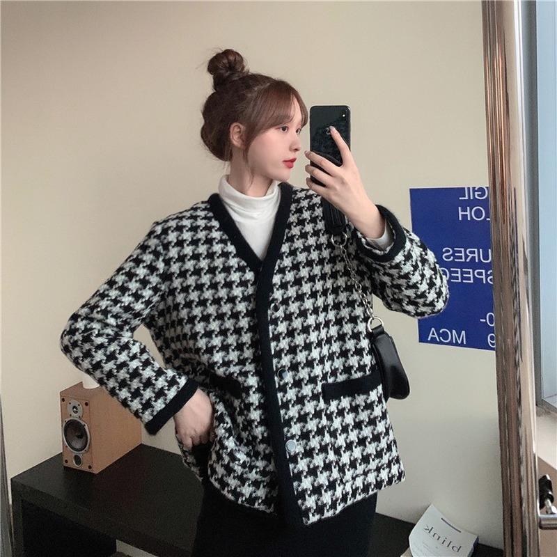 

2020 New Retro Autumn and Winter New Thick Houndstooth Small Fragrant Wind Jacket Casual Cardigan Sweater, 01