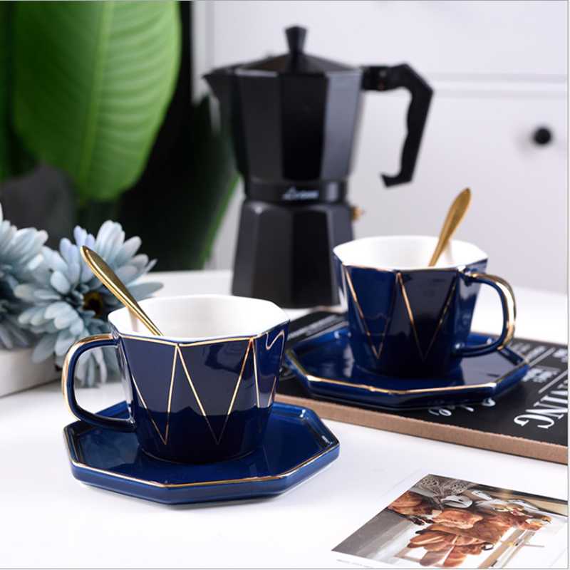 

Luxury Breakfast Ceramic Coffee Mug Cup Afternoon Set 180mL with spoon Tray European style Green Blue White Coffee Set