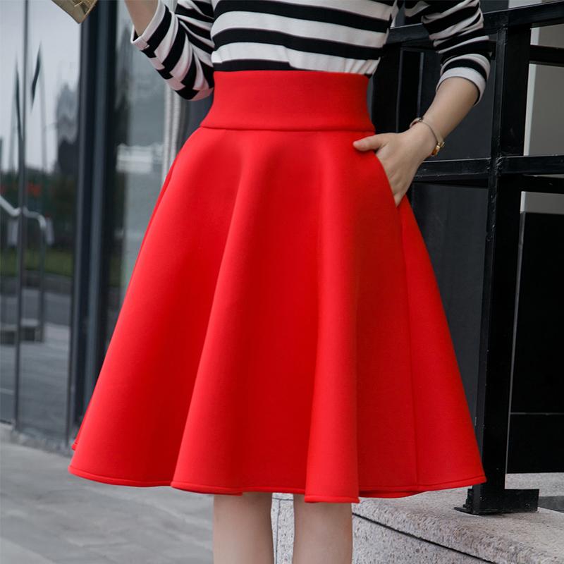 

6XL Plus Size Skirt High Waisted Skirts Womens Solid Color Knee Length Bottoms Pleated Skirt Saia Midi Black Red 2021