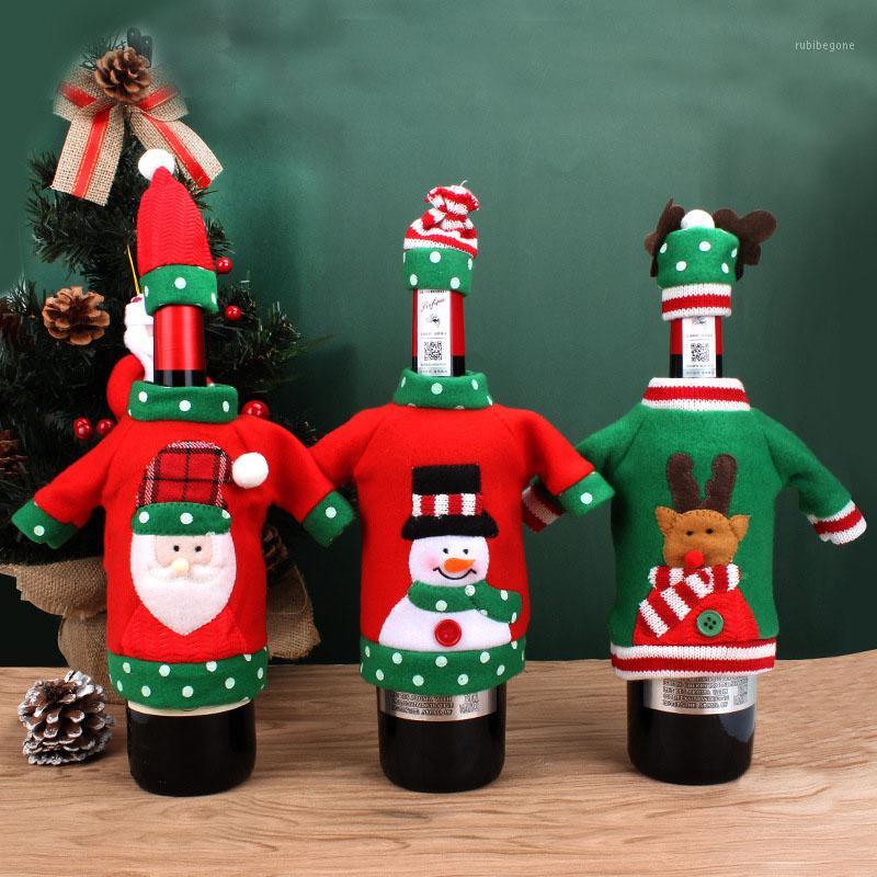 

2PCS Christmas Wine Bottle Cover Decorative Embroidered Santa Claus Snowman Cartoon Pattern Clothes Hat Table Decor NMR01391