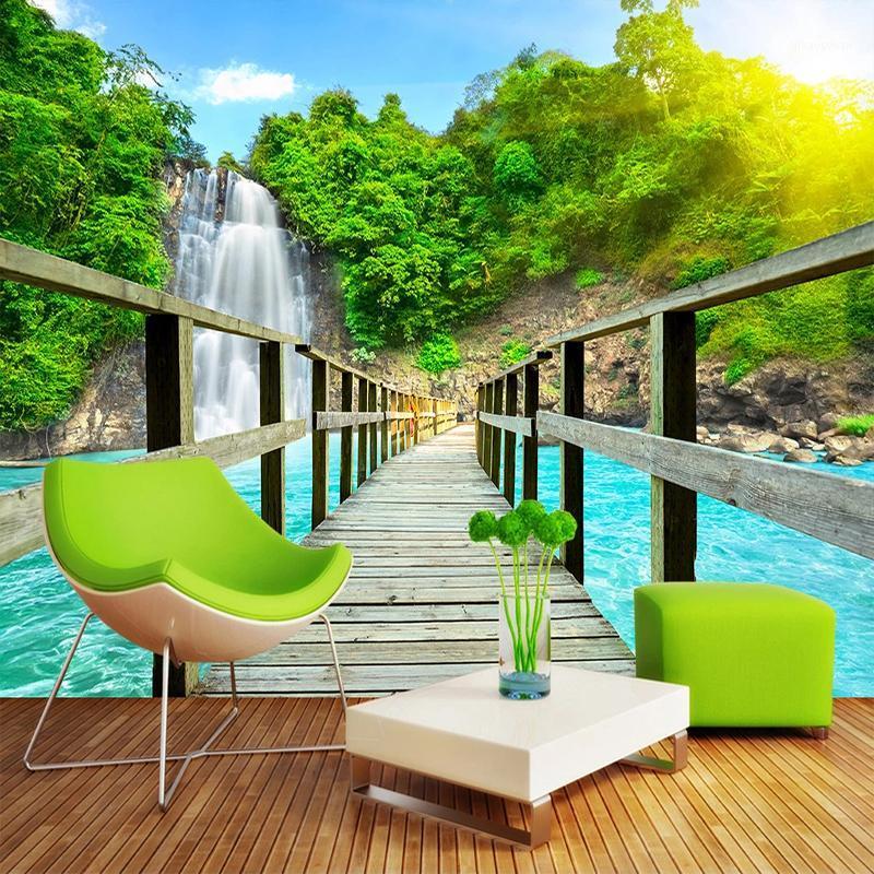 

Custom 3D Photo Wallpaper Waterfall Wooden Bridge 3D Mountain Water Landscape Mural Living Room Bedroom Background Wall Painting1, As pic