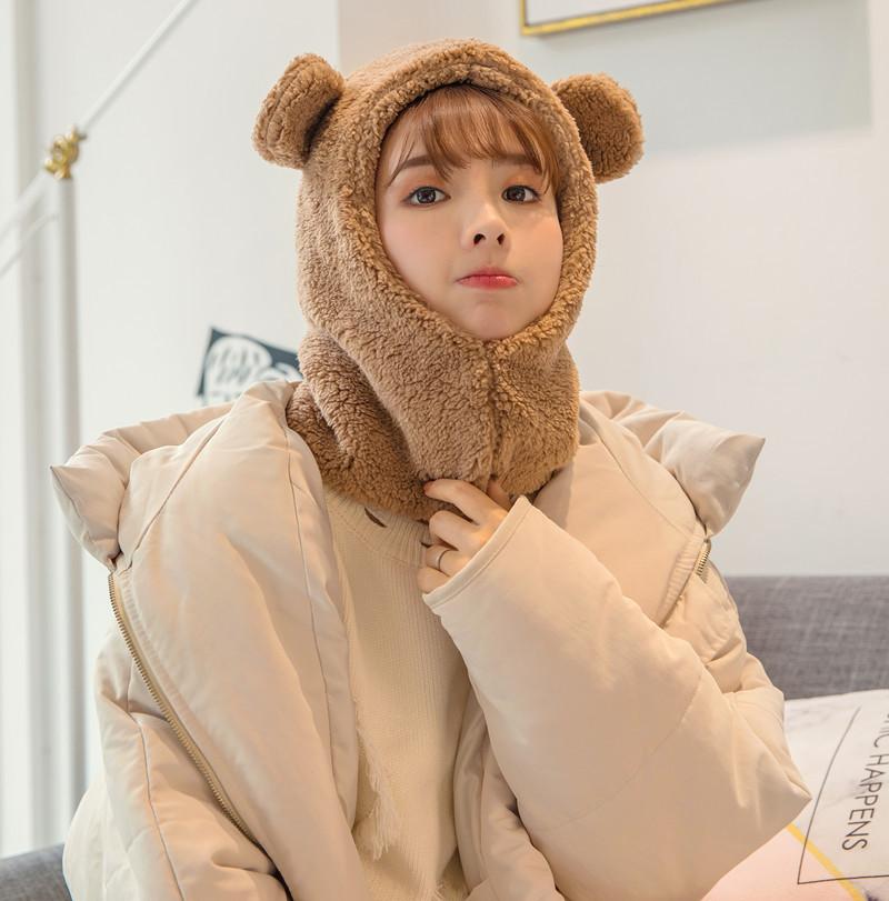 

Winter Cute Bear Ears Warm Beanies Hat Windproof Neck Scarf Cap Student Women Plus Cashmere Cap, White