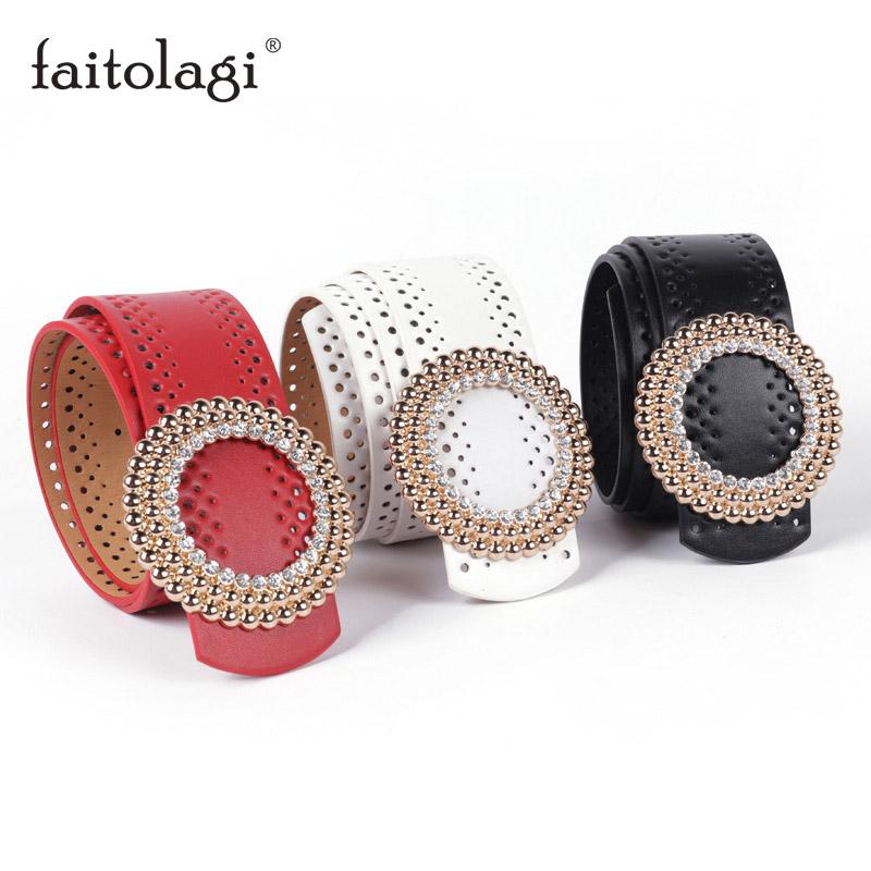 

Belts Fashion Diamond Luxury Women Belt Wide Leather Hollow Ladies For Dresses Black White Female With Ring Circle Buckle, Red
