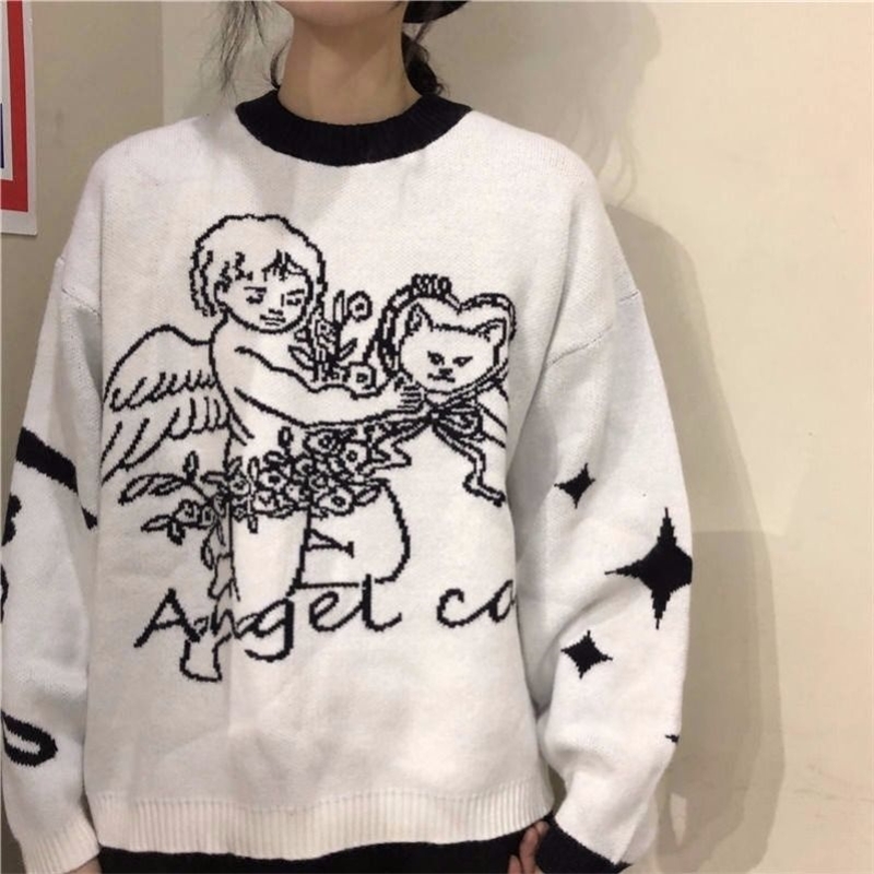 

Woherb Cute Knit Pullover Woman Sweater Autumn Japanese Harajuku Jumpers Angel Cartoon Streetwear Casual Female Sweaters 201204, Pink
