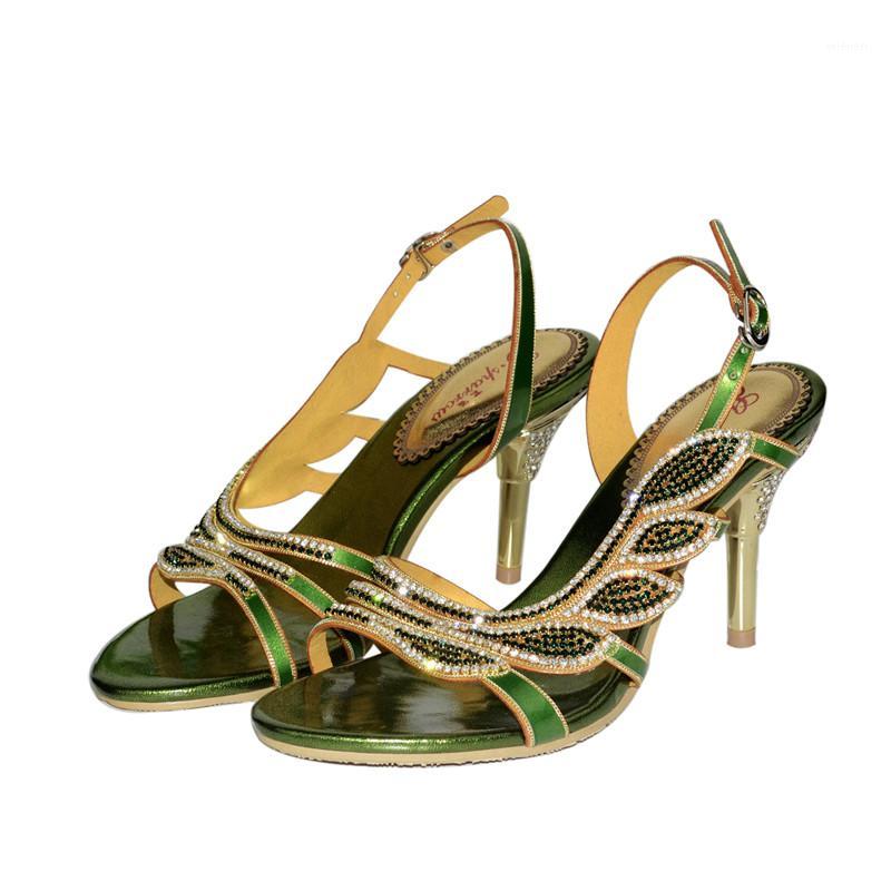 

Summer Large Size Women's New Noble Green Sandals Hand-studded Stiletto Sandals Leaf Pattern Luxury High Heels 8CM1, Gold