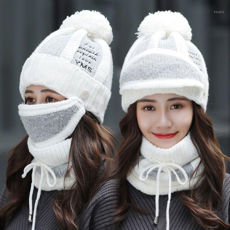 

3 Pcs Hats Women Winter Knit Beanies Hat with Bib and Mask Female Ear Protection Skullies Hat Warm Velvet Thick Riding Wool Cap1, White