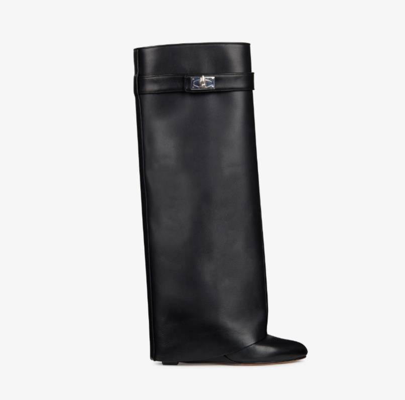 

leather SHARK LOCK boots woman flat heel Paris Classic black pointy cowhide boots luxury Lock catch Ankle boot with box, Leather red short