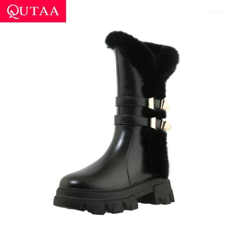 

QUTAA 2021 Round Toe Buckle Zipper Mid Calf Boots Plush Keep Warm Women Shoes Cow Leather PU Winter Short Boots Size 34-391, Beige