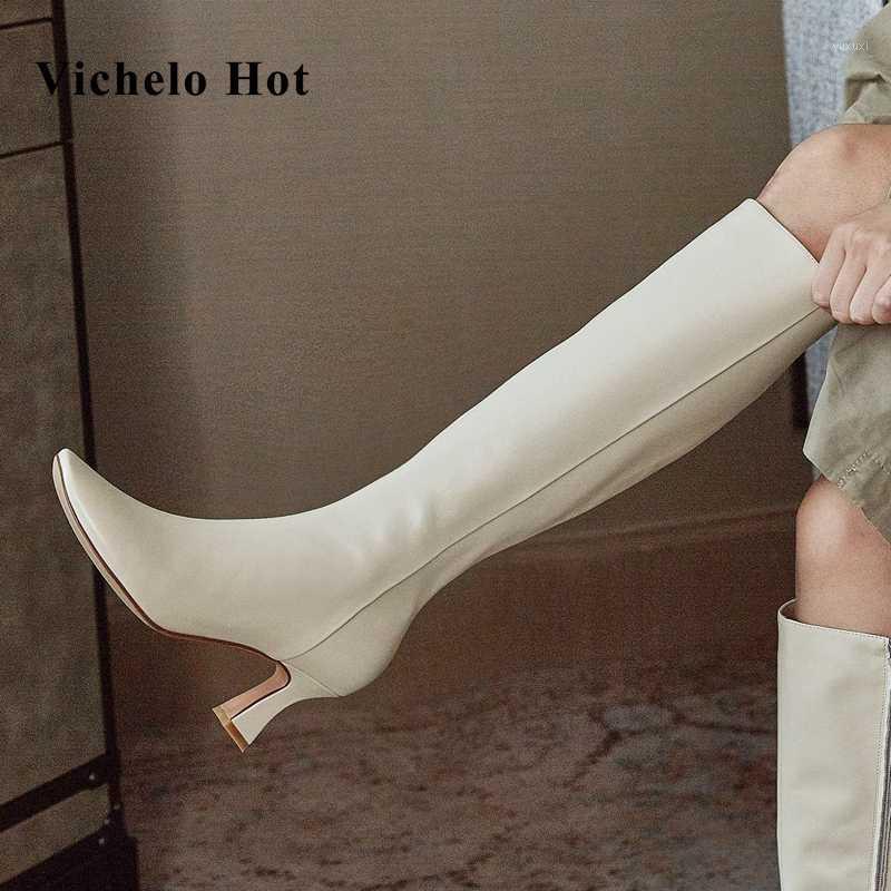 

Vichelo Hot 2020 new arrival genuine leather square toe high heel vintage three colors beauty lady casual knee-high boots L261, Beige