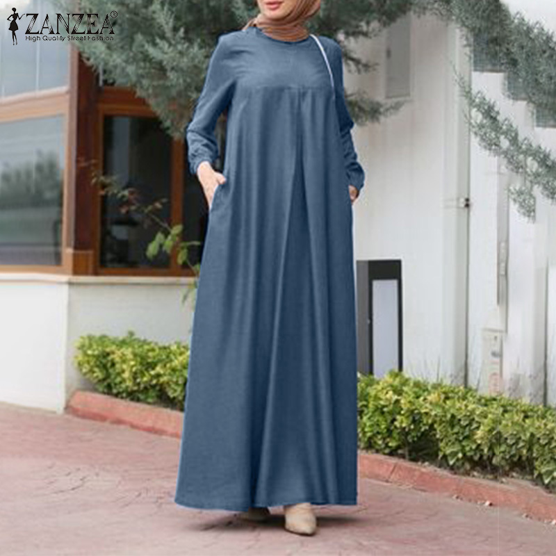 

ZANZEA Vintage Muslim Dress Women Autumn Sundress Casual Long Sleeve Kaftan Dubai Abaya Turkey Hijab Dress Islamic Clothing Robe Y0118, Dark blue