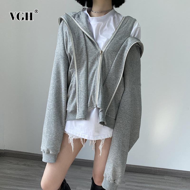 

VGH Casual Patchwork Zipper Coat For Women V Neck Hooded Long Sleeve Fake Two High Street Coats Female Fashion New Clothing 2020, Gray