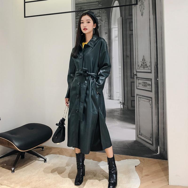 

ZCSMLL Retro Temperament Lapel Tie Pu Leather Jacket Women 2021 New Autumn Coat Over The Knee Long Windbreaker Coat, Green