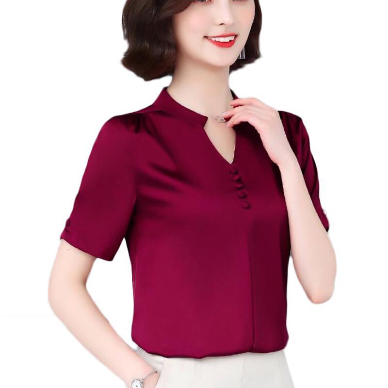 

Summer Women Blouses Short Sleeve V-neck Silk Blouse Women Shirts Fashion Office Loose Chiffon Blouse Tops Camisas Mujer, Photo color