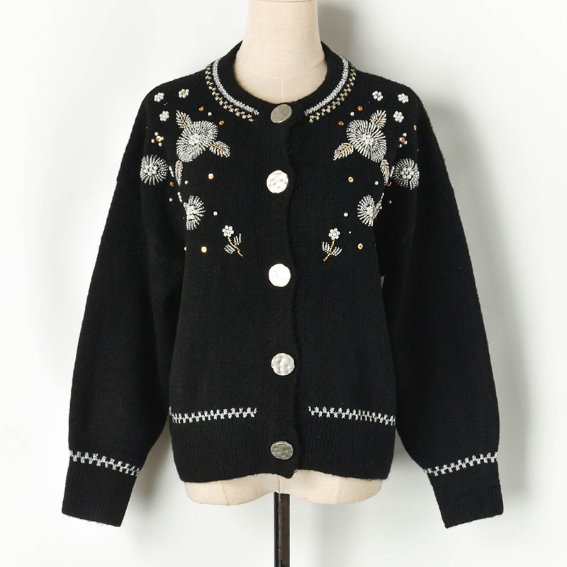 

High-quality Runway Top Women's Luxury Flower Beads Female Autumn Buttons Cardigan The-neck Jacket Outerwear Topojumpers New Gmso, White