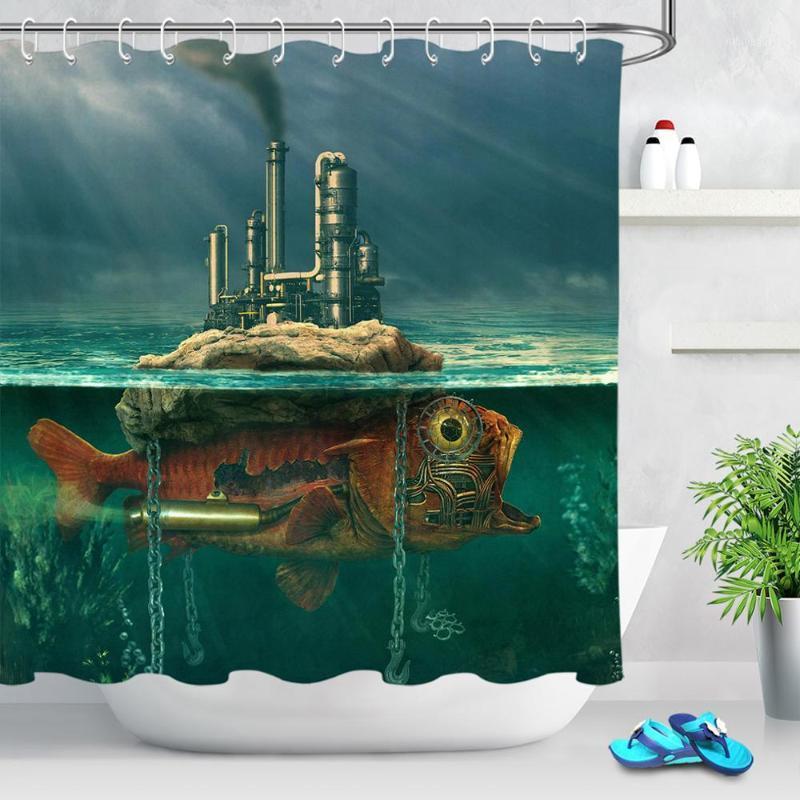 

Retro Steampunk Mechanical Fish Shower Curtain For Bathroom Art Decor Creative Underwater Life Waterproof Fabric Shower Curtains1