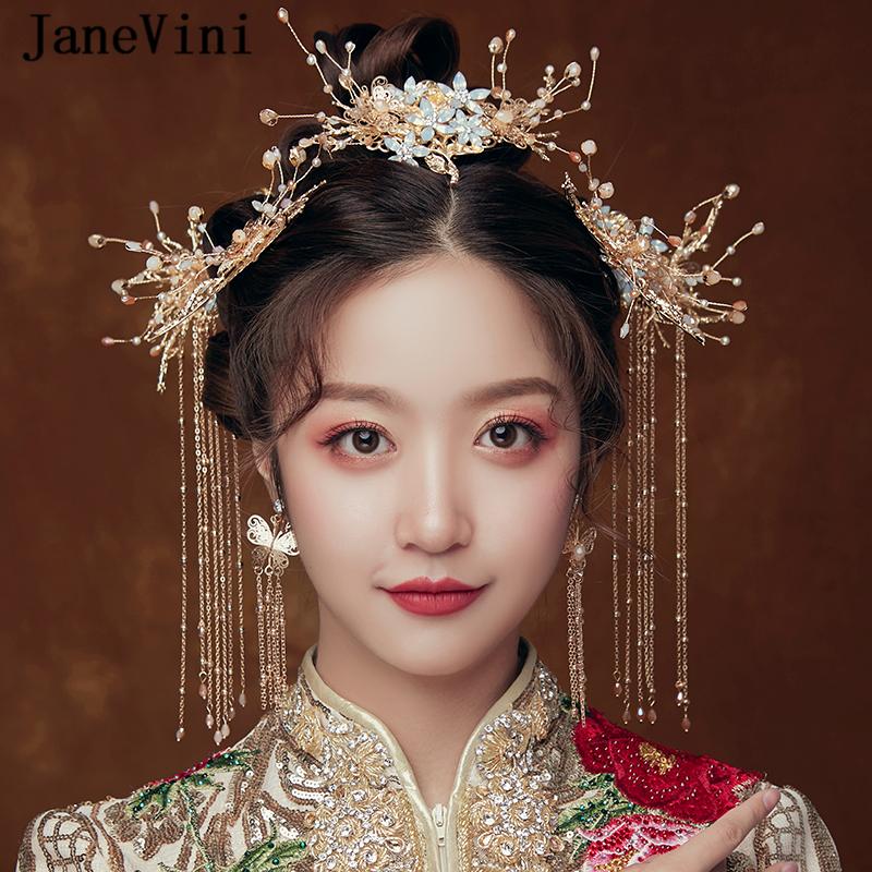 

JaneVini Ancient Beaded Hairpin with Earrings Bridal Headdress Gold Long Tassel Vintage Chinese Jewelry Wedding Hair Accessories