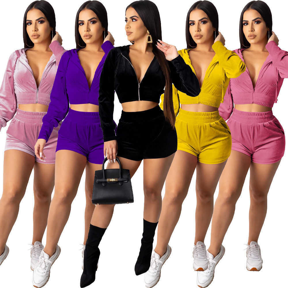 

Women 2 Piece Tracksuits Designer Korean Solid Color Velvet Hooded Fashion Casual Clothes Club Sexy Long Sleeve Short Pant Sportswear, Roser red