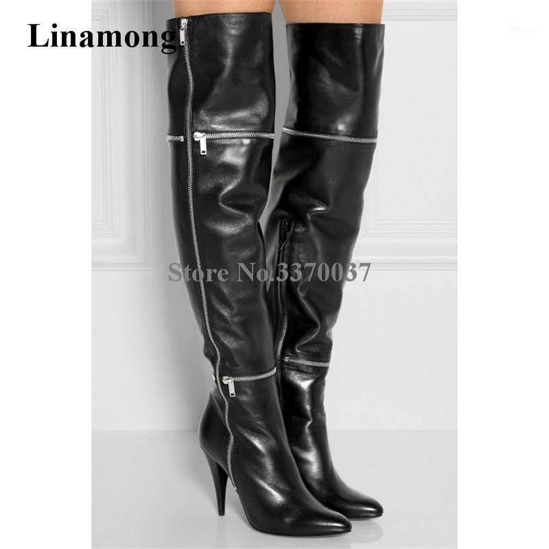 

New Design Women Fashion Pointed Toe Black Leather Over Knee Thin Heel Boots Zipper Connected Long High Heel Boots Luxury1, As pic